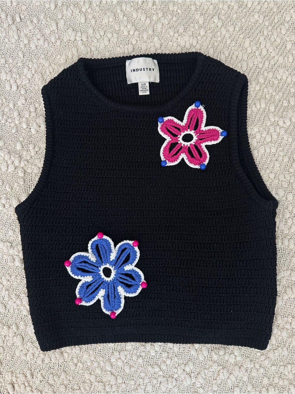 Industry Republic Black Knit Crochet 3D Flower Beaded Sweater Vest Large